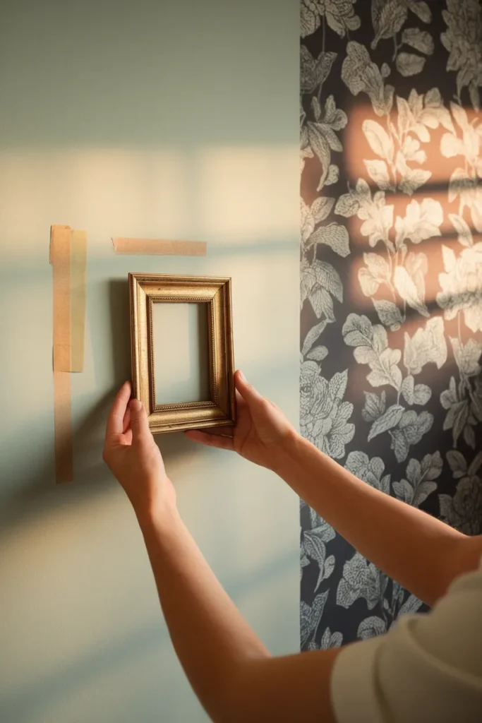 Hands positioning a small brass frame on a sage wall beside large scale floral wallpaper.