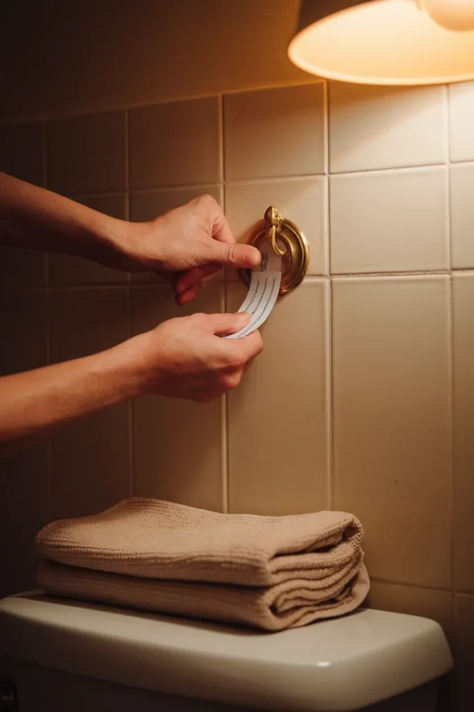 Hands pressing a brass adhesive hook onto bathroom tile, a no-drill vintage bathroom accessory install.
