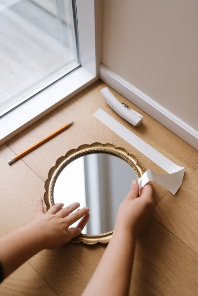 Hands pressing a damage-free adhesive strip onto a scalloped brass mirror before hanging.
