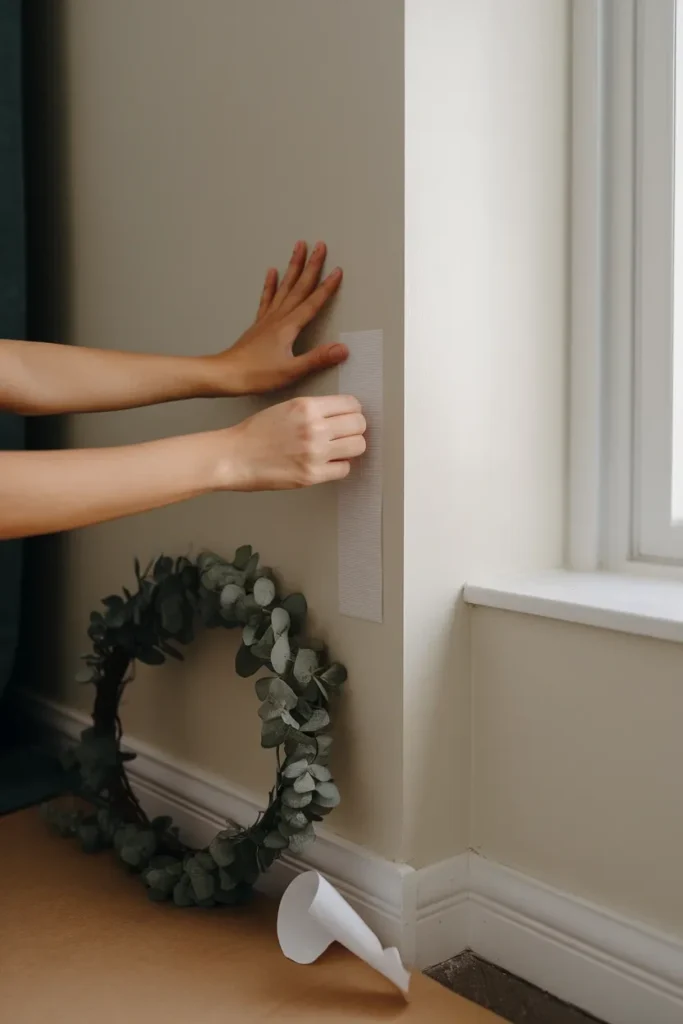 Hands pressing a damage free adhesive strip to an apartment wall before hanging a eucalyptus wreath.