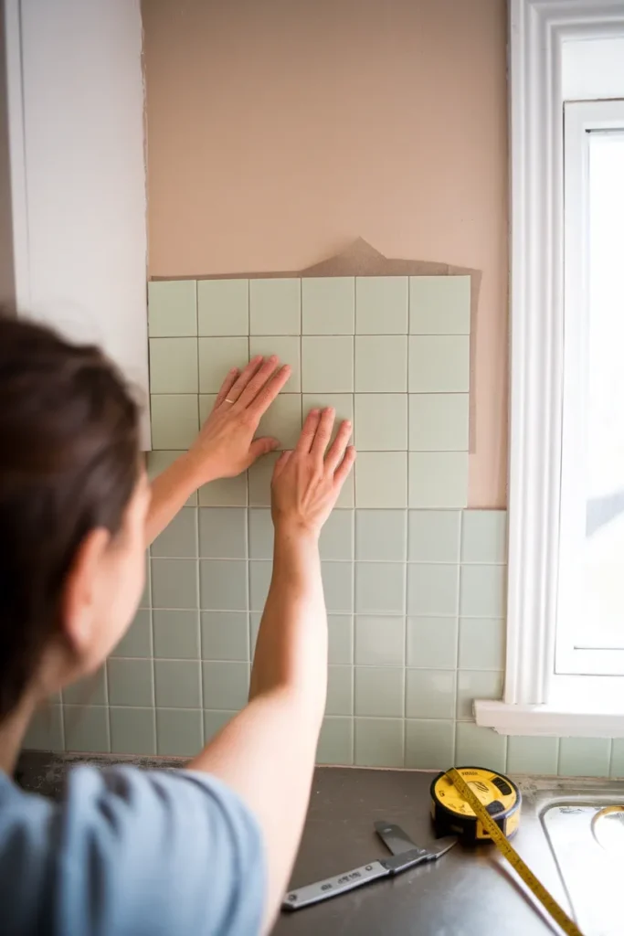 Hands pressing a mint peel and stick tile onto a kitchen wall with a tape measure nearby.