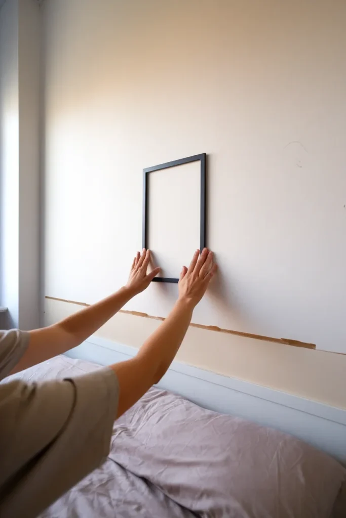 Hands pressing a picture frame onto a smooth bedroom wall using adhesive hanging strips.