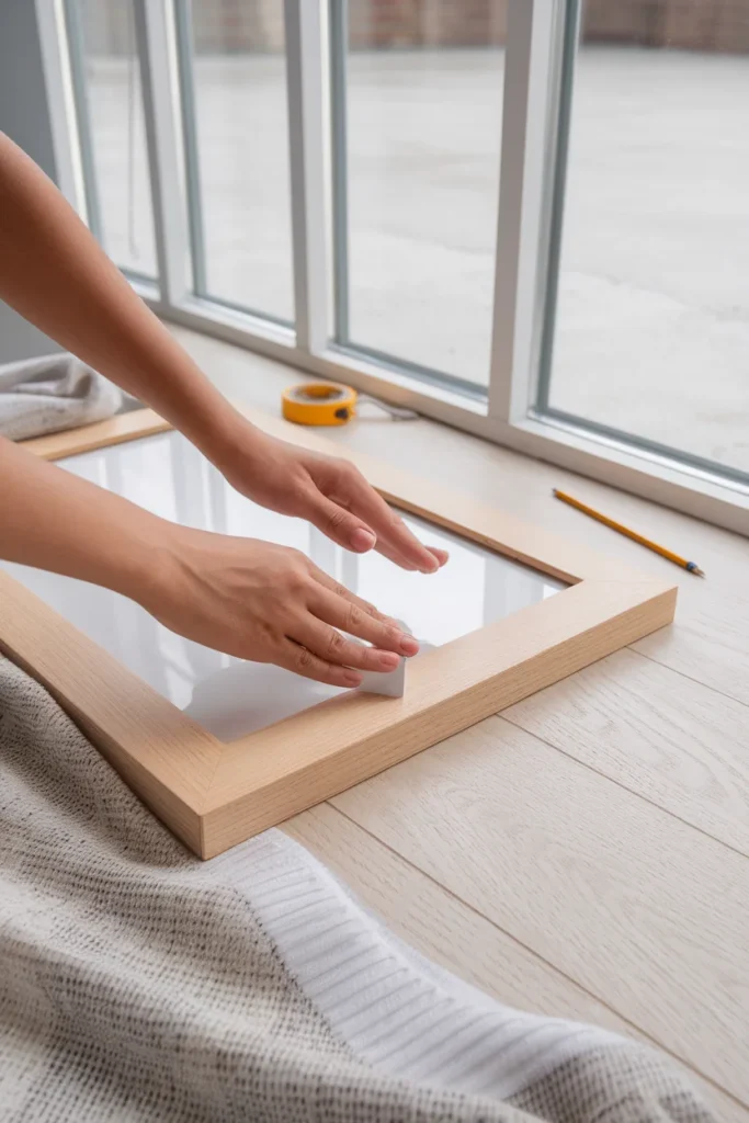 Hands pressing an adhesive hanging strip onto a picture frame with a tape measure nearby.