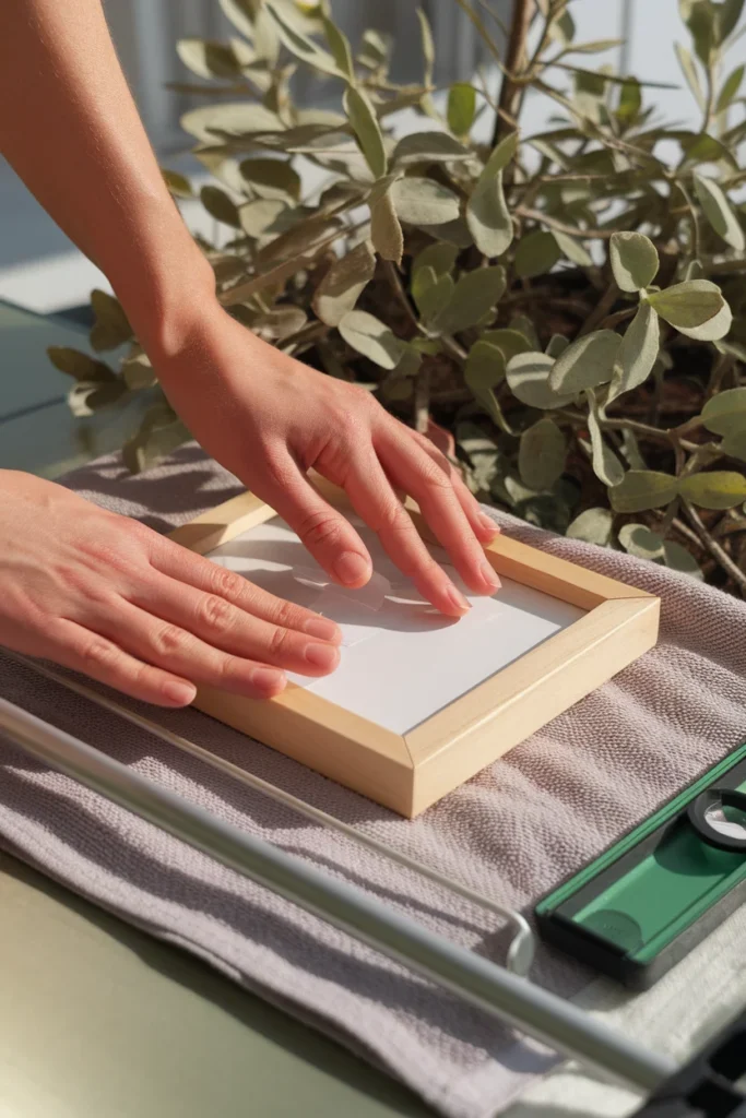 Hands pressing an adhesive hanging strip onto a wooden picture frame for renter-safe decor.