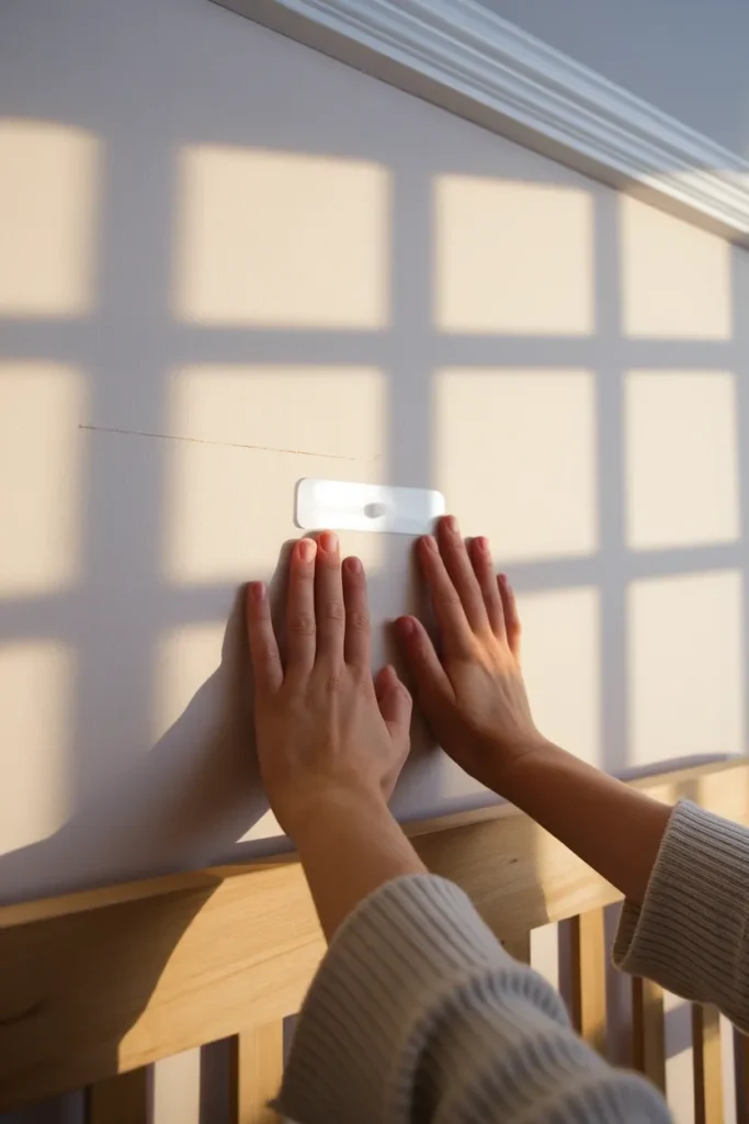 Hands pressing an adhesive hook above a headboard to hang a Christmas garland.
