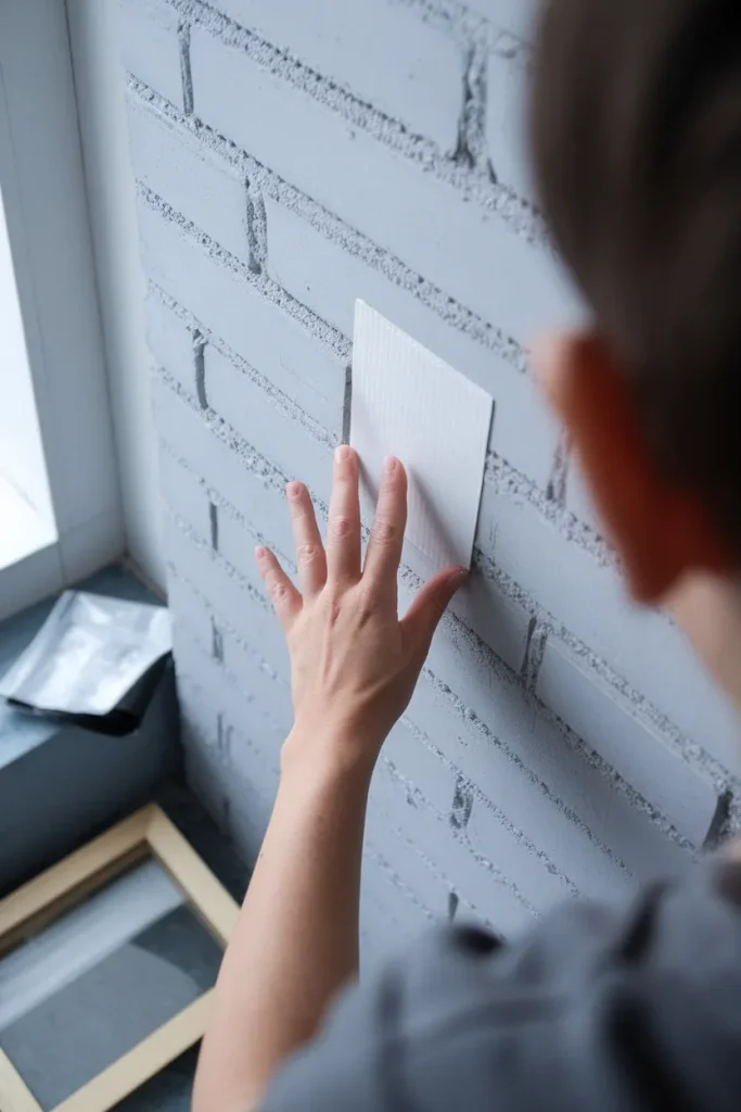 Hands pressing an adhesive strip onto a painted cinder block dorm wall before hanging art.