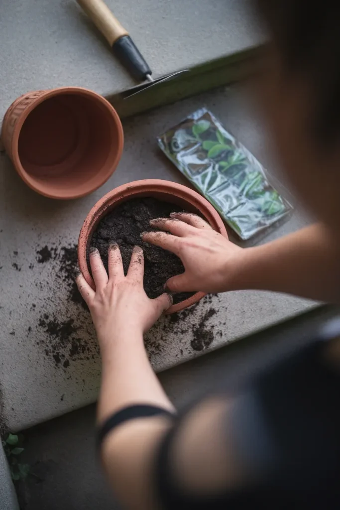 Hands pressing soil into a terracotta pot on a patio step beside a trowel and seedling tray.