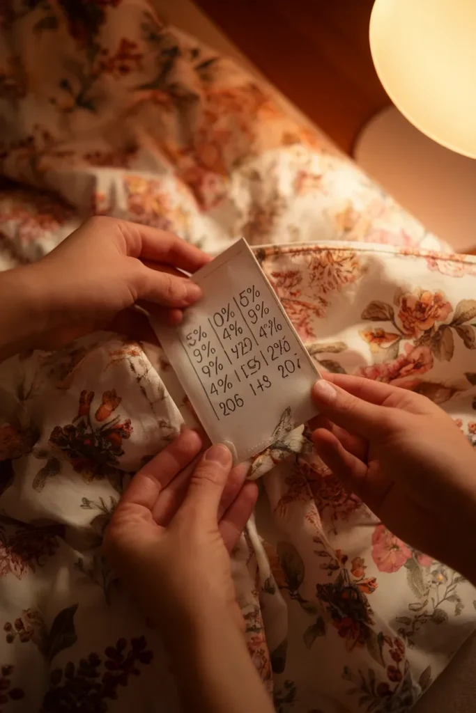 Hands reading the fiber content care label sewn inside a floral duvet cover under lamp light