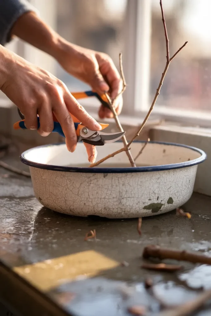 Hands recutting a forsythia branch at an angle over a water basin before forcing it to bloom indoors.