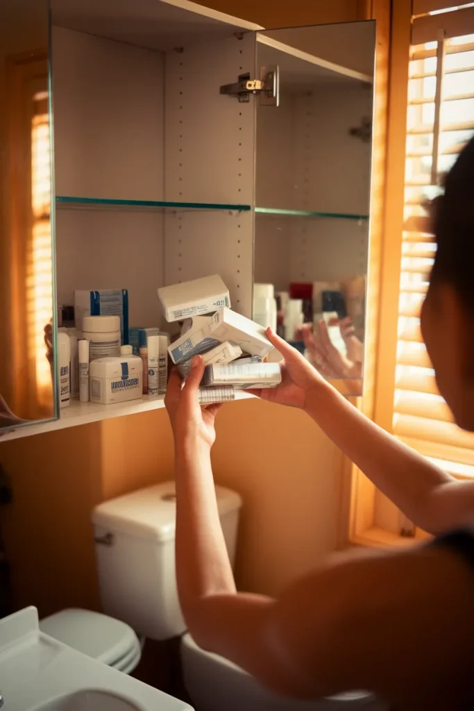 Hands removing medicine from a bathroom cabinet, a small bathroom storage and organization step.