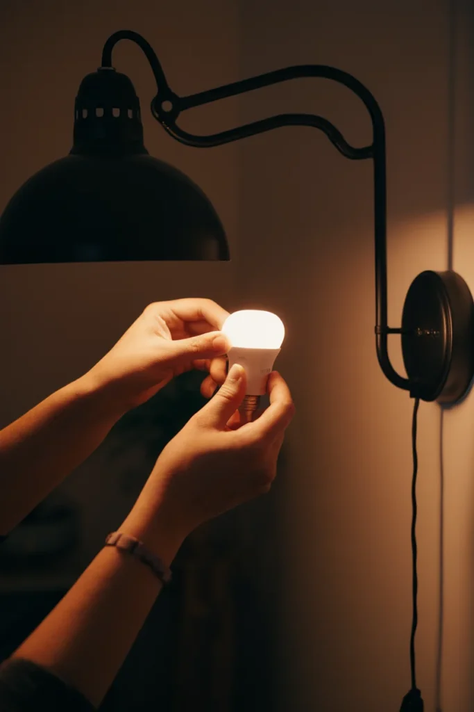 Hands screwing a 2700K warm white bulb into a swing-arm lamp in a dim apartment.