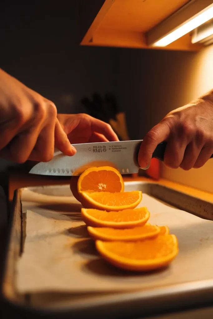 Hands slicing oranges a quarter inch thick for a dried orange Christmas garland.