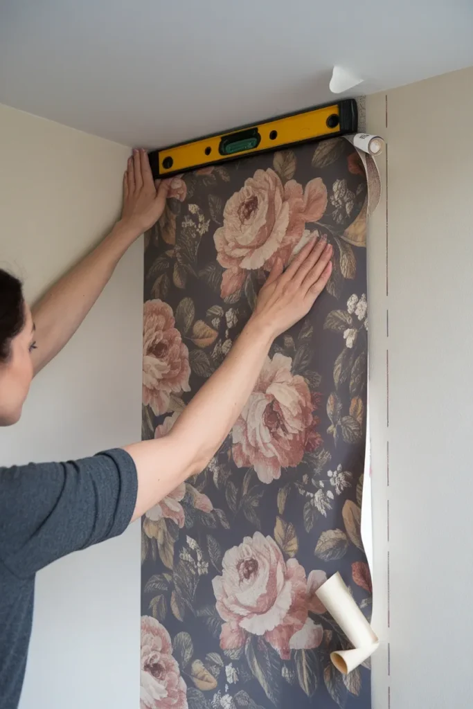 Hands smoothing floral peel-and-stick wallpaper along a pencil plumb line with a level alongside.