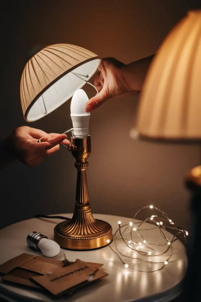 Hands swapping a cool bulb for a warm 2700K bulb in a brass table lamp at dusk.