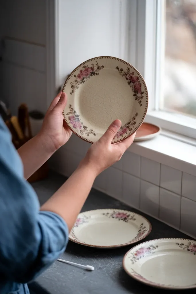 Hands tilting a thrifted floral plate toward window light to inspect crazed glaze before use.