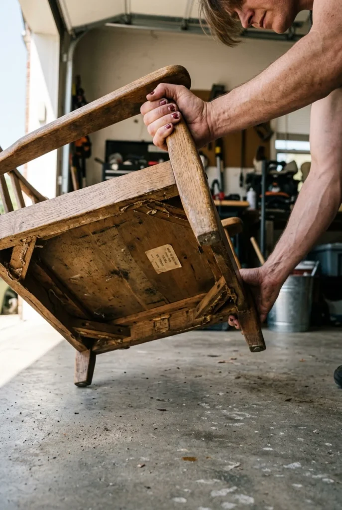 Hands tipping a wooden armchair to check joints, faded label visible under the frame.