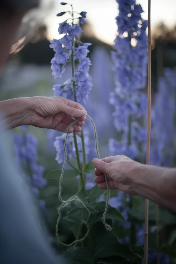 Hands tying a delphinium stem to a bamboo stake with green twine in early morning light.