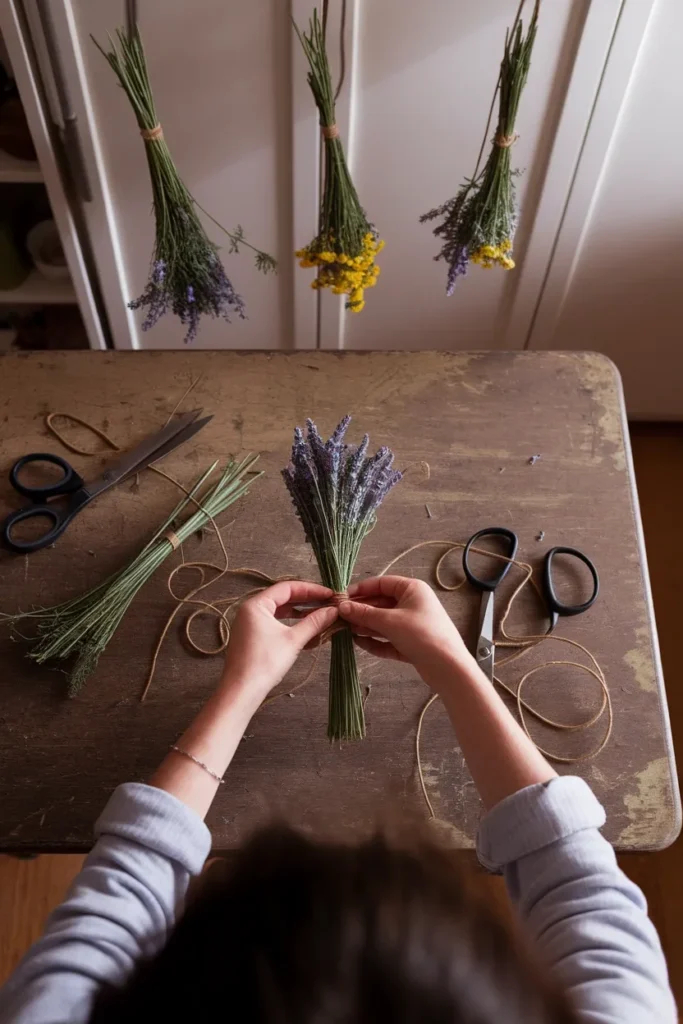 Hands tying a lavender and yarrow bundle with twine before hanging it upside down to dry.