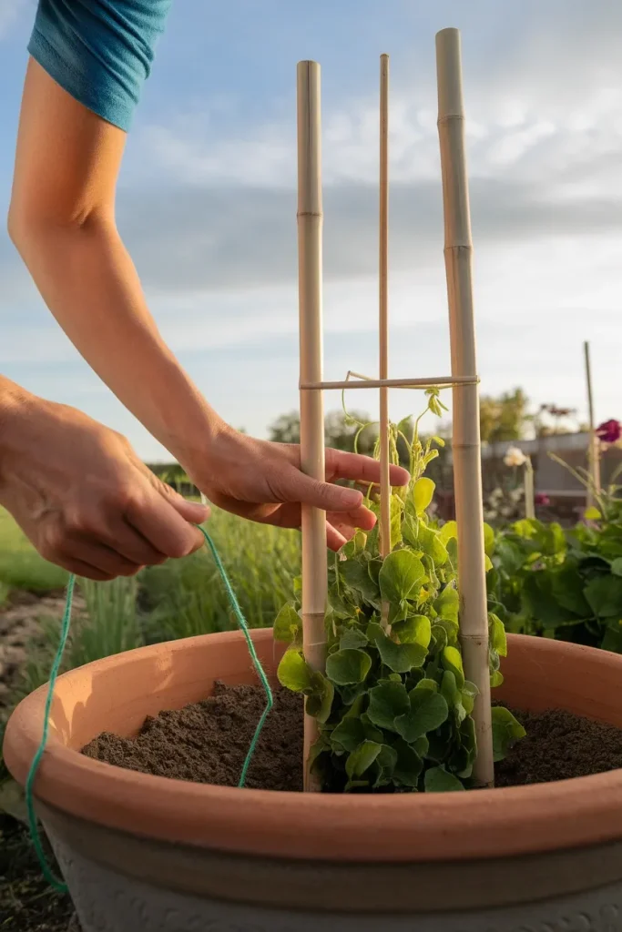 Hands tying a sweet pea seedling to a bamboo obelisk in a terracotta cottage garden pot.