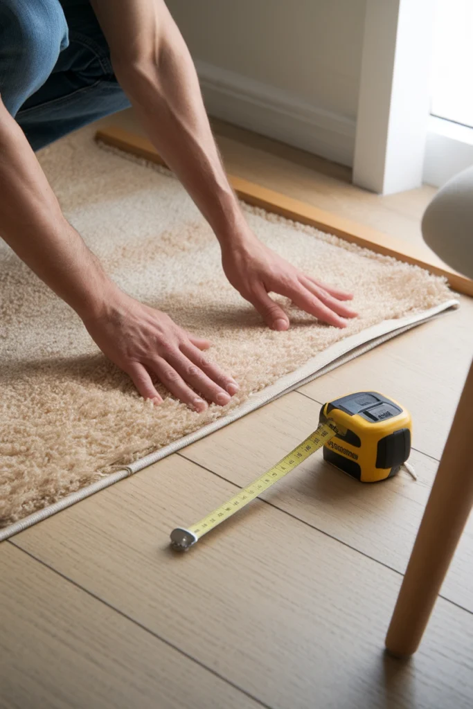Hands unrolling a cream low-pile rug on bare wood floor with a tape measure laid along the edge.
