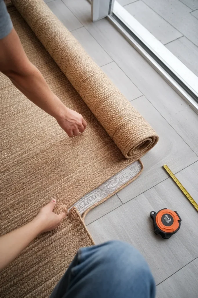 Hands unrolling a jute rug across laminate flooring with a tape measure beside it.