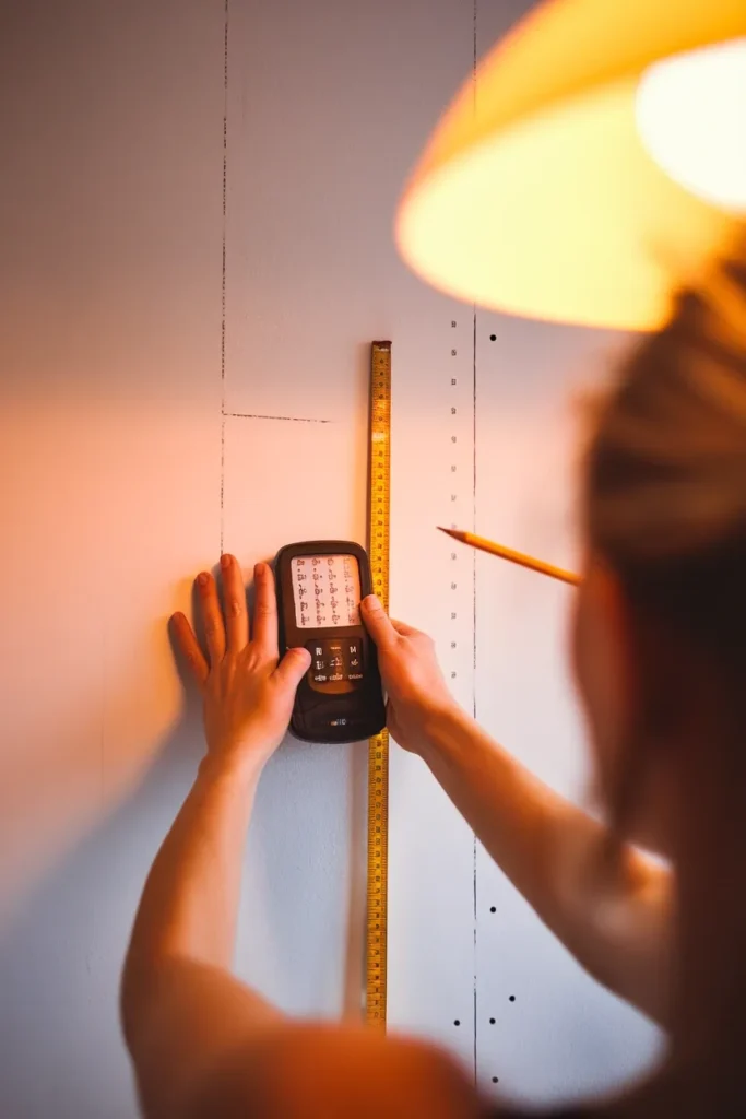 Hands using a stud finder and tape measure to mark shelf bracket placement on a kitchen wall.