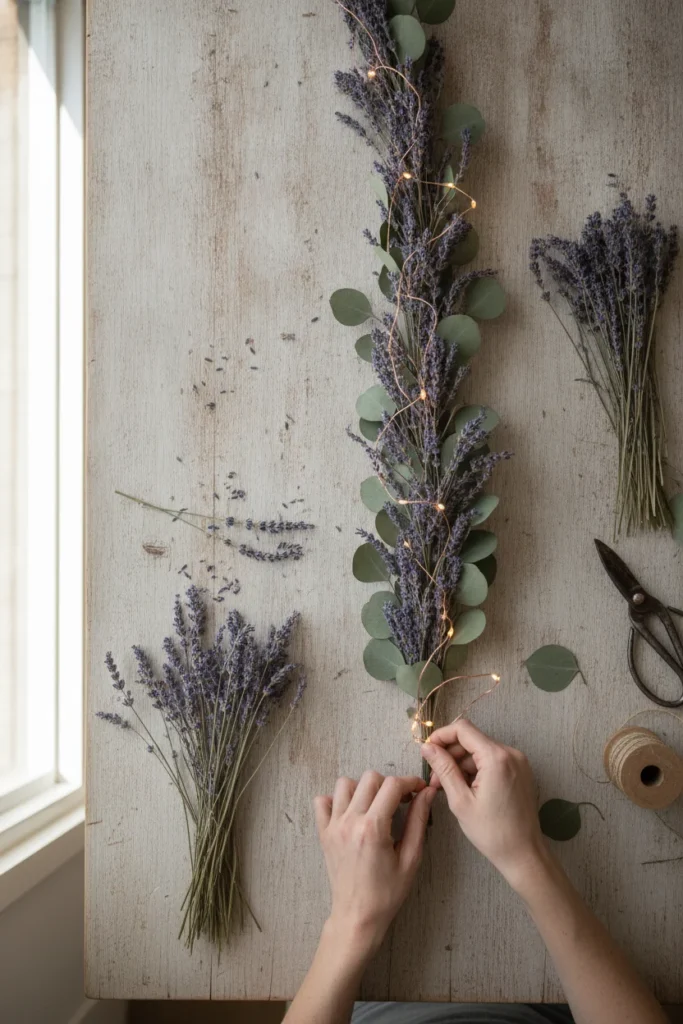 Hands weaving copper wire fairy lights through a dried lavender and eucalyptus garland on a wood table.