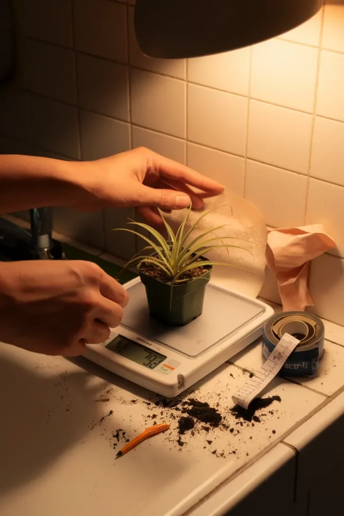 Hands weighing a potted plant on a kitchen scale before mounting it with adhesive strips.
