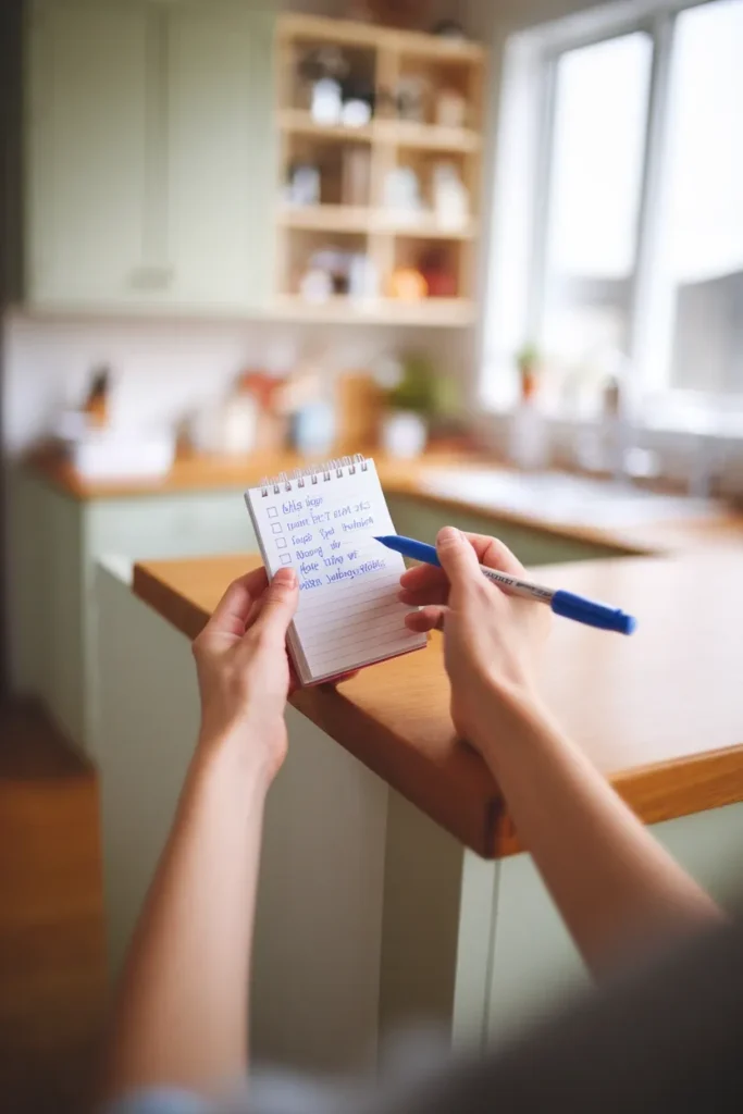 Hands writing a kitchen storage shopping list on a notepad with an organized kitchen behind.