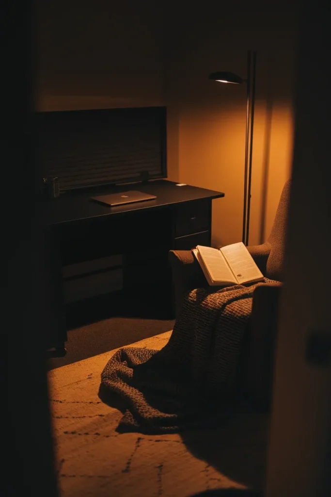 Home office corner at night with a closed laptop and a lamp-lit armchair with an open book.