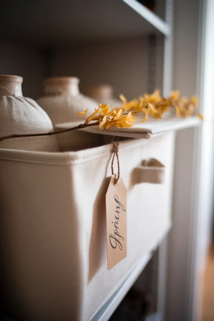 Labeled canvas storage bin holding linen-wrapped spring vases with a handwritten tag on a closet shelf.