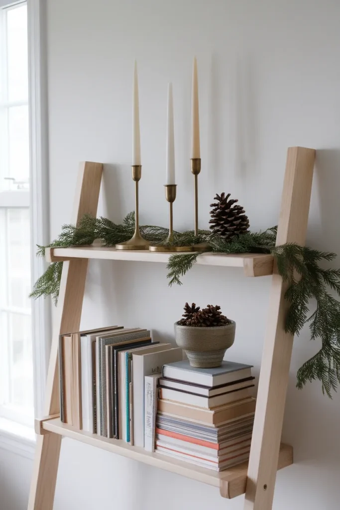 Ladder shelf styled with cedar garland, brass candlesticks and spine-in books as a mantel alternative.