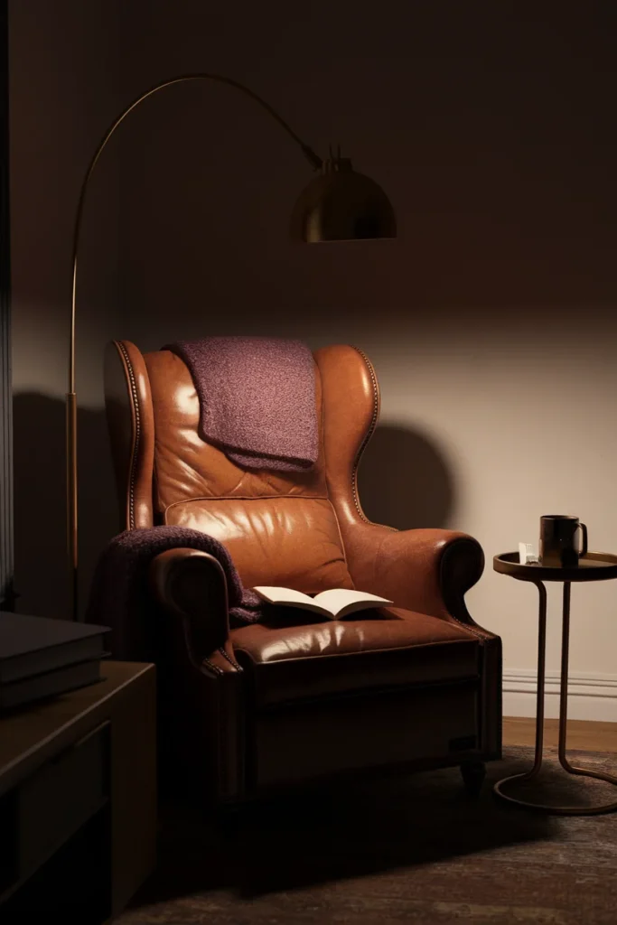 Lamp-lit reading corner with leather armchair, plum wool throw and brass swing arm lamp.
