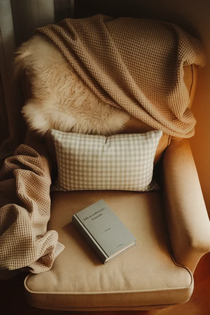 Layered linen throw, sheepskin, and gingham pillow on an armchair in a cottagecore holiday corner.
