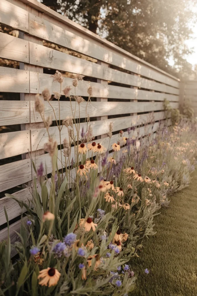 Layered wildflower garden border along a cedar fence with tall bergamot behind low blue-eyed grass.