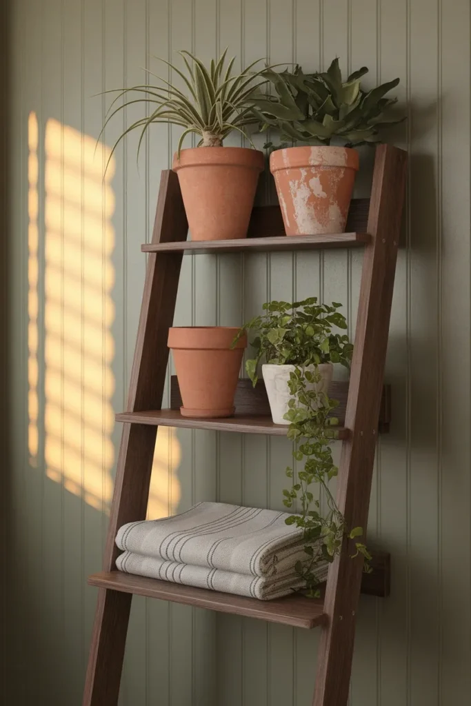 Leaning ladder shelf with three terracotta pots of cottage bathroom plants at staggered heights.