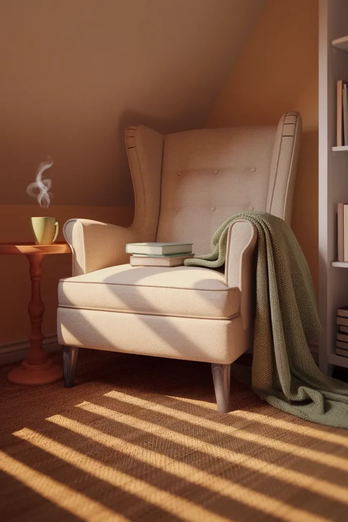 Linen armchair, round side table, and bookcase forming a cottagecore reading corner in golden light.