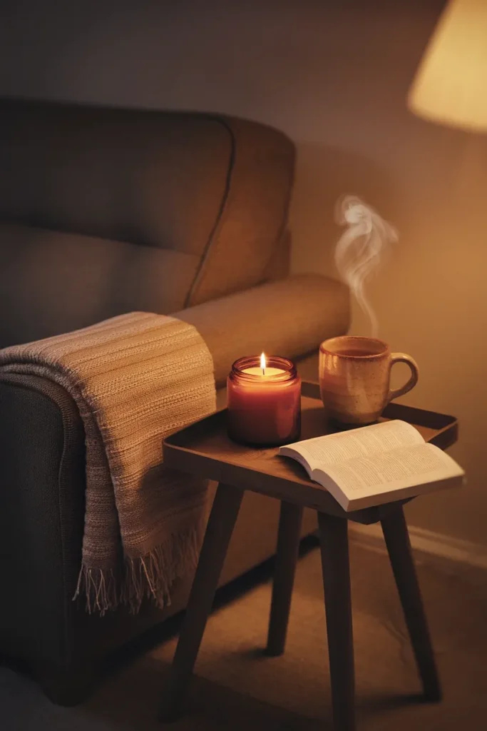 Lit balsam candle, steaming mug and open paperback on a side table by a wool throw at night.