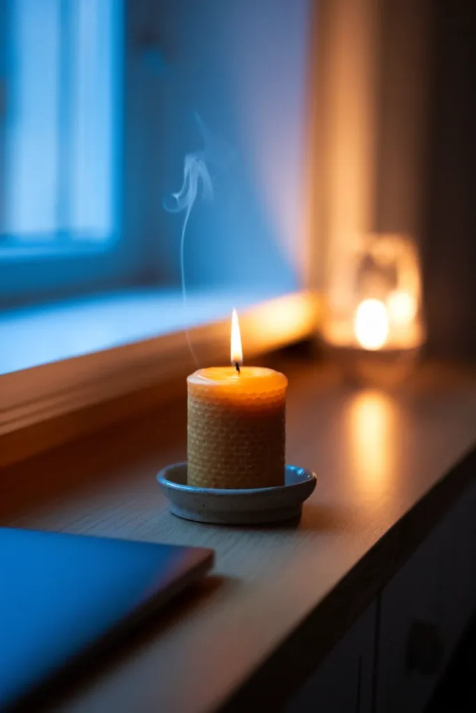 Lit beeswax candle on a desk at dusk beside a closed laptop, signaling the end of the workday.