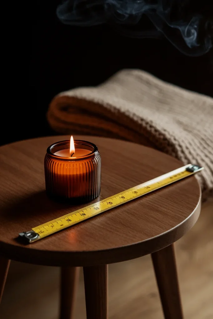 Lit candle with a tape measure showing 12 inches of clearance from a knit throw.