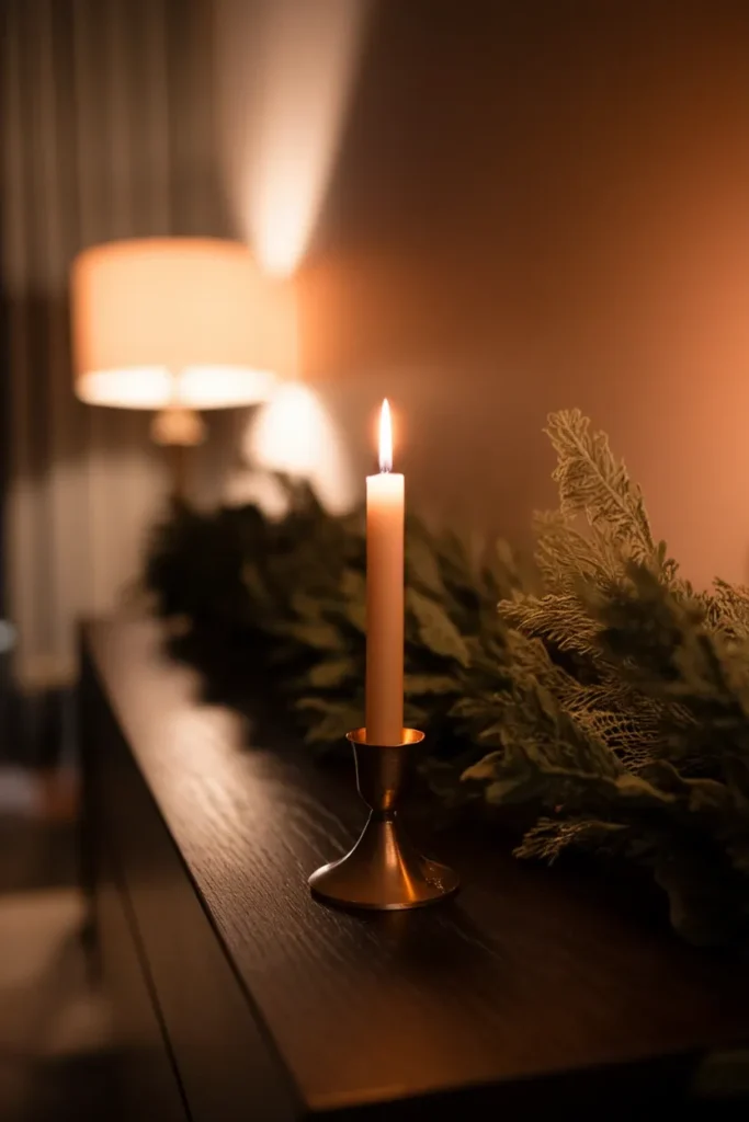 Lit taper candle in a brass holder set well back from faux cedar garland on a dark console.
