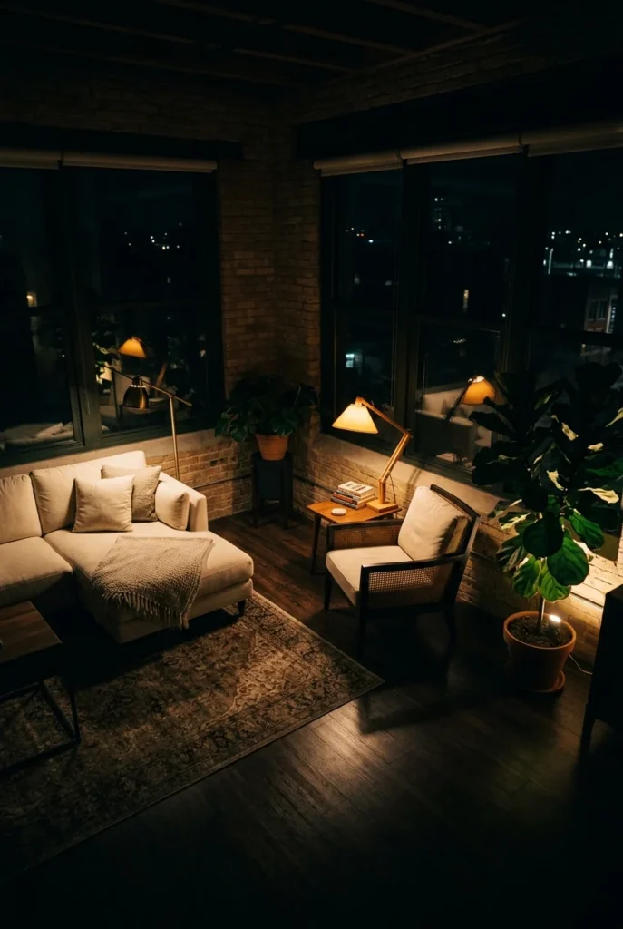 Living room at night lit in three separate warm pools with dark space between zones.