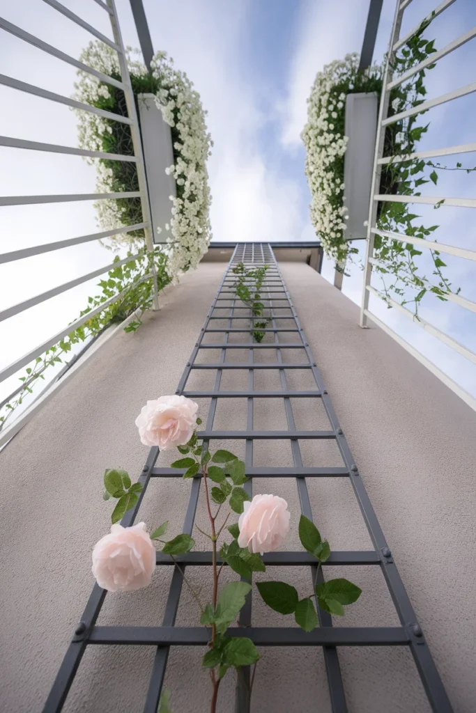Low angle view up a balcony wall with a leaning trellis, climbing rose and white railing planters.