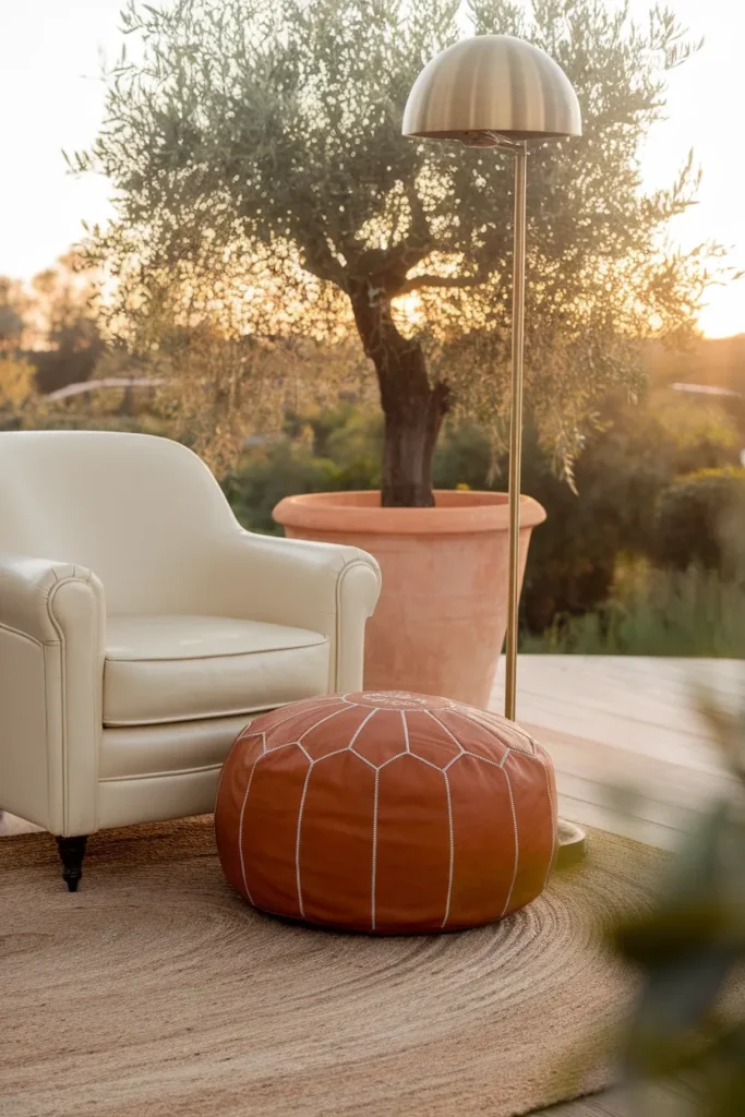 Low angle warm neutral living room with leather pouf, cream armchair, and olive tree.