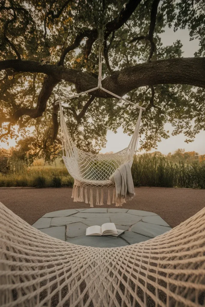 Macrame hammock chair hanging above a widened gravel path with a book on the seat.
