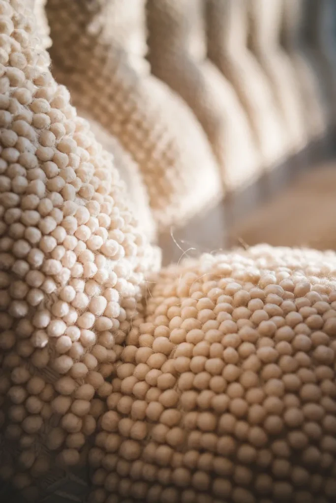 Macro close up of cream boucle weave showing loops and nubs in raking light.