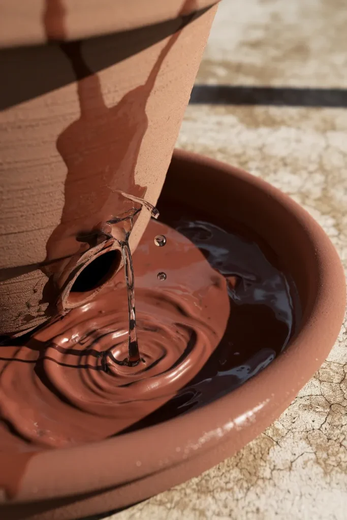 Macro close up of water draining from a terracotta pot hole into a clay saucer in bright sun.