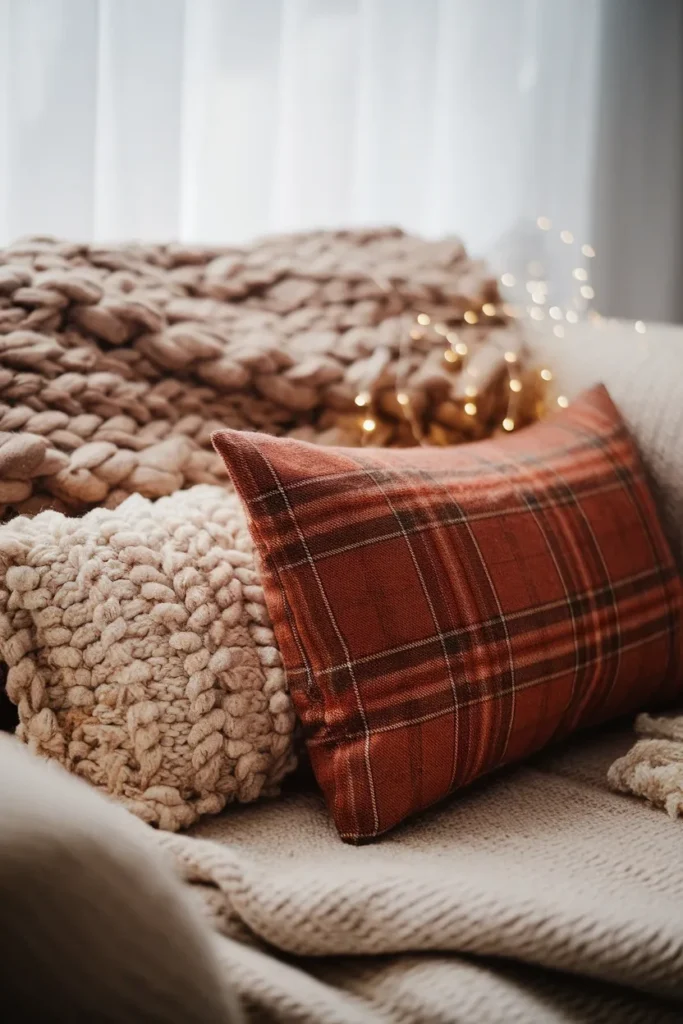 Macro detail of chunky wool throw, boucle cushion and plaid lumbar pillow layered on a sofa.