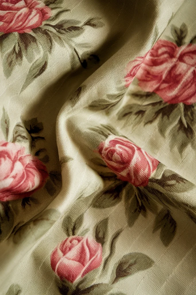 Macro detail of vintage glazed chintz fabric showing faded rose floral print and surface sheen.