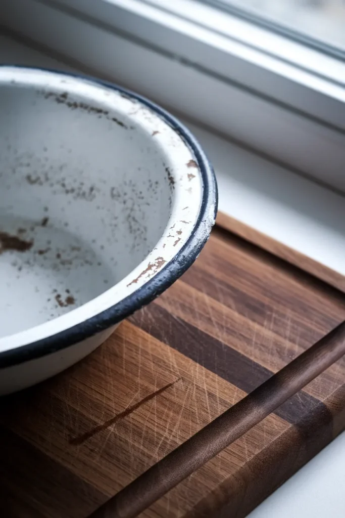 Macro shot of a chipped vintage enamelware basin rim resting on an oiled walnut cutting board.